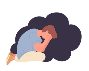 Depressed unhappy teenager boy. Mental disorder problems vector illustration