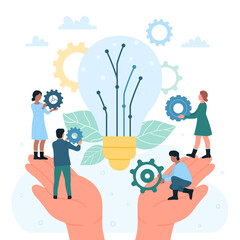 Support from leader for business team, innovation, idea development and introduction vector illustration. Cartoon big hands holding tiny people, gears and light bulb. Leadership, project concept - obrazy, fototapety, plakaty