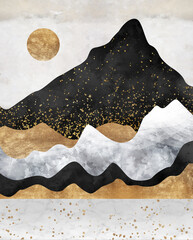 Art background. Abstract texturized mountains with marble, gold, watecolor texture. Illustration for background, wallpaper, poster, art