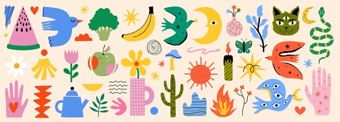 Vector abstraction illustration collection with animals, plants, nature, fruits and vegetables. Trendy colored sticker pack template design, apparel print set