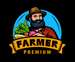 Happy farmer in hat with vegetables logo. Farm, agriculture emblem. Cartoon vector illustration