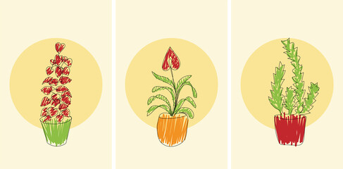 Posters with plants. Isolated line art houseplants with yellow circles. Modern flowerpots. Vector illustration