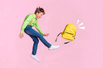Creative retro 3d magazine image of little boy celebrating vacation beating schoolbag isolated...