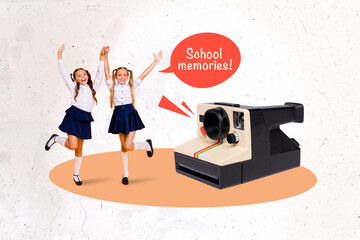 Collage 3d image of pinup pop retro sketch of happy smiling schoolkids tacking selfie photo camera isolated painting background