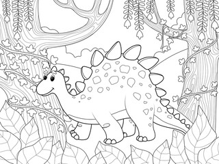 Dinosaur in the ancient forest. Fairytale animal in a magical forest.