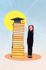 Vertical collage image of amazed happy girl arm measure height book pile reach mortarboard isolated on painted sun background