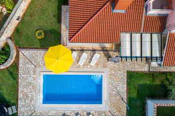 Croatia, Istria, Pula, holiday house with garden and pool, aerial view