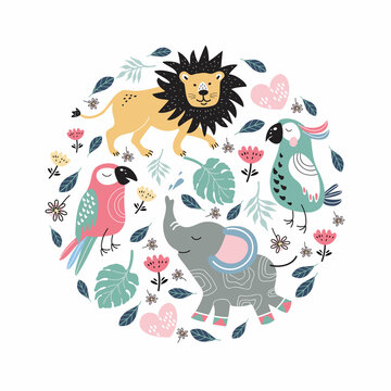 Round emblem with colorful parrots, lion and elephant. Tropical birds. Children's illustration.
