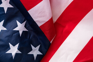 Concept of Independence day or Memorial day. Flag over bright marble table background.