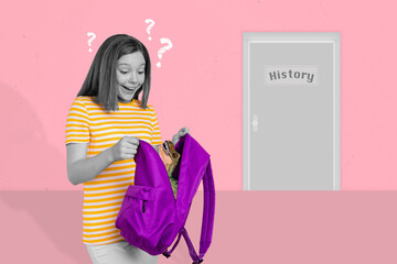 Creative retro 3d magazine image of little girl open backpack reptilia inside isolated drawing pink background