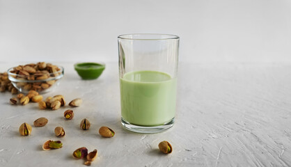 Pistachio milk in the glass and pistachio paste  on the white background. This milk is a great source of antioxidants, phytosterols, and heart healthy fats