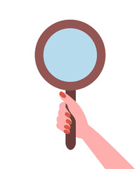 Female hand holding round mirror vector illustration. Flat design round mirror illustration