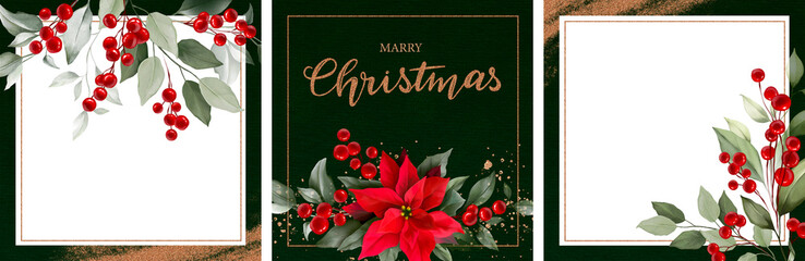 Fototapeta premium Corporate Christmas cards and invitations with Poinsettia, holly, winter berries in bouquet. Modern universal artistic templates. Floral backgrounds design. Watercolor botanical social media post