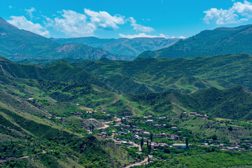 village in a valley among mountains with terraced fields, Chokh village in Dagestan, North Caucasus