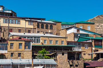 traditional dwellings are located one above the other along the mountain slope in the ancient village of Chokh in Dagestan