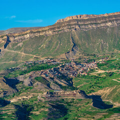 view of the mountain village of Chokh in Dagestan on the slope of a vast valley