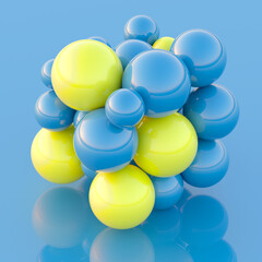 3D illustration of blue and yellow balls forming a box shape