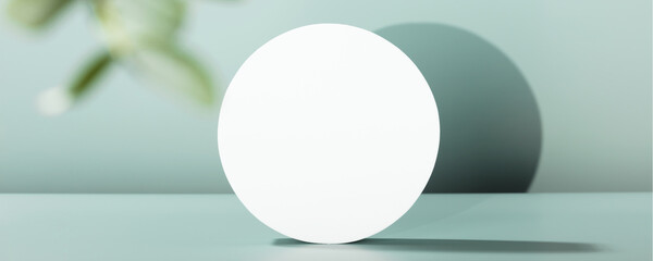 White Cylinder podium with eucalyptus leaves, geometric shadows. Scene to show products. Showcase, display case. Banner