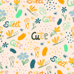 Kids seamless pattern with funny, cute cats, cat food and fish,cat paws on a white background. Vector illustration. Children's textiles