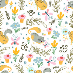 Kids seamless pattern with funny, cute cats, cat food and fish,cat paws on a white background. Vector illustration. Children's textiles