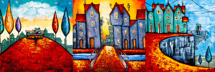 couple in love in a European city, date in the city, oil painting, three in one - 515163133