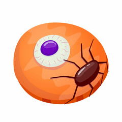 Halloween eyeball sweet isolated. Pumpkin cake with eyeball and spider, spooky dessert for halloween autumn holiday. Cartoon vector illustration. Holiday dessert with a spider.