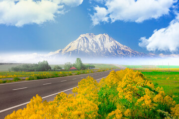 Mount Ararat (Turkey) at 5,137 m viewed from Yerevan, Armenia. This snow-capped dormant compound...