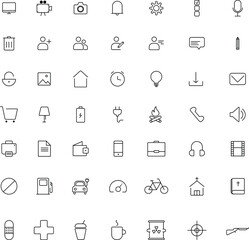 universal set of thin black icons on a white background (multimedia, medicine, fitness, family, transport, professions, travel, restaurant, hotel)