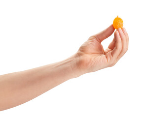 dry kumquat in hand path isolated on white