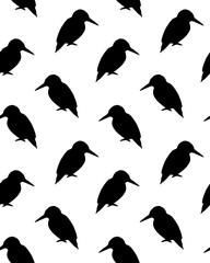 Vector seamless pattern of hand drawn kingfisher silhouette isolated on white background