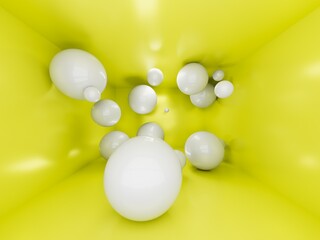 3d yellow room with big white spheres inside. Wide angle. Background design 3d image
