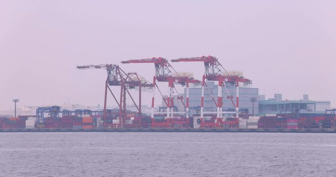 Industrial cranes near the container wharf in Tokyo cloudy day