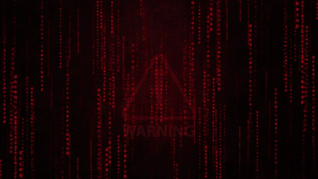 Digital, binary  Numbers Moving red code processing and a warning alert on red screen background.  Digital technology backdrop 4k animation.