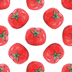 Watercolor red tomato seamless pattern on white background