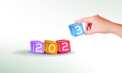 Hand holding lollipop blocks with numbers 2023 puts one after the other. The beginning of the new year, Christmas Eve. New Year coming concept, Date 2022 changes to 2023 holiday. Xmas vector concept