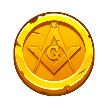 Golden coin with masonic compasses and square. Vector Masonic Symbol, sacred society