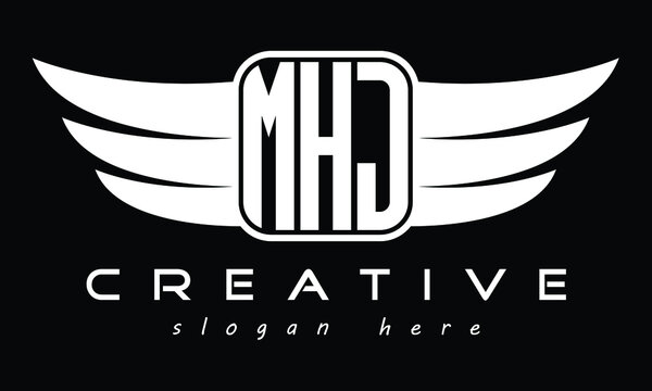 MHJ three Letter Wings Flying Initial wing symbol minimalist creative concept flag icon professional logo design Vector template with abstract black and white tattoo
