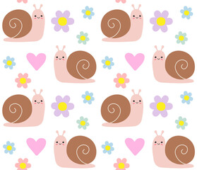 Vector seamless pattern of flat hand drawn snail and flower isolated on white background