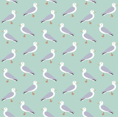 Vector seamless pattern of hand drawn flat seagull isolated on mint background