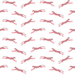 Vector seamless pattern of flat jumping pink cheetah isolated on white background