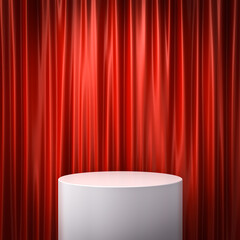 Blank white podium pedestal or product platform isolated on red curtain background with dim shadow minimal concept 3D rendering