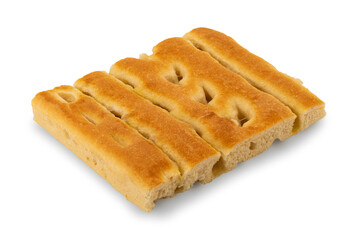 Focaccia bread ligurian tipical of Genova - bread of sourdough and olive oil - square slice isolated on white, clipping path included