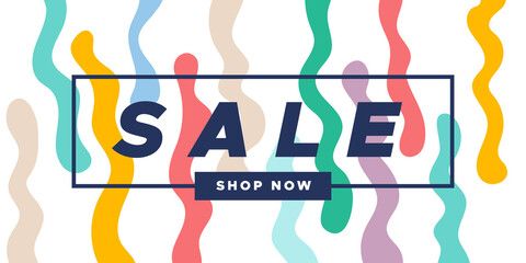 Sale colorful banner. Abstract organic wavy shapes background. For newsletter, web header, social media post, promotional banner, advertising and identity. Vector illustration, flat design