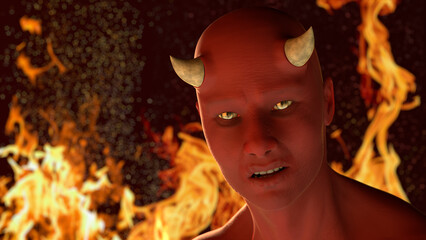 Teufel im Höllenfeuer, rot, mit Hörnern, Portrait von vorn