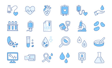 Medical blood doodle illustration including icons - transfusion, sphygmomanometer, glucometer, cardiology, microscope, laboratory tube. Thin line art about hematology. Blue Color, Editable Stroke