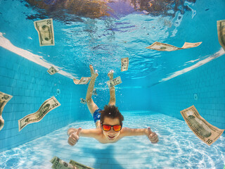 Boy Jumping to the Pool of Money. Successful Family holiday or Businessman. Financial Success, Wealth Concept. - Powered by Adobe