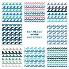 Set of water wave seamless pattern. Blue and white. Vector. For textile, print, fabric, paper.