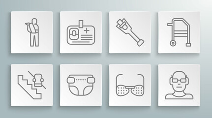 Fototapeta na wymiar Set line Disabled elevator, Identification badge, Adult diaper, Blind glasses, Poor eyesight, Prosthesis leg, Walker and Human broken arm icon. Vector