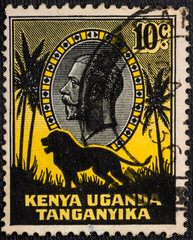 KENYA, UGANDA AND TANGANYIKA - CIRCA 1935: a stamp printed in East Africa showing image of a lion...