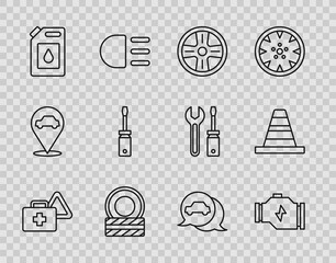 Set line First aid kit and warning triangle, Check engine, Alloy wheel, Car tire, Canister for motor oil, Screwdriver, service and Traffic cone icon. Vector